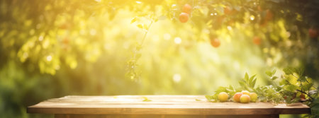 Empty wooden table top, texture board, on a blurred background of an orchard, trees in blurred bokehの素材