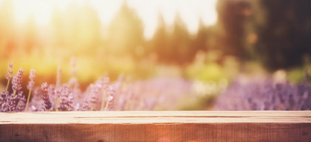 Empty wooden tabletop against the backdrop of blooming lavender fields, summer lavender fields out of focus.の写真素材