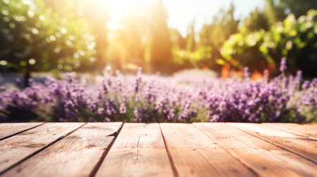Empty wooden tabletop against the backdrop of blooming lavender fields, summer lavender fields out of focus.の写真素材
