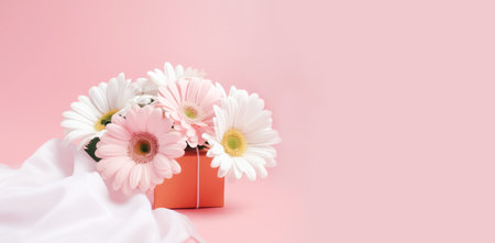 Cute bouquet of different flowers and festive box, pink background. Festive composition for Nurses Day, weddingの素材
