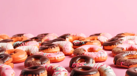 Sweet Donuts in chocolate and pink glaze on a pink background. copy space, banner. Sweet desserts, holiday National Donut Dayの素材