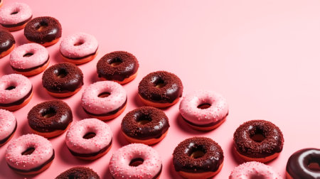 Sweet bright Donuts in various glazes and colored toppings on a trendy pink background. Sweet desserts, holiday National Donut Dayの素材