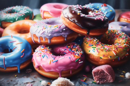 Sweet Donuts with different flavors and colored icing lie in heap on dark background. Sweet desserts, holiday National Donut Dayの素材