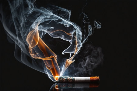 Smoking cigarette, cigarette burning and tobacco smoke, dark background. copy space. World no tobacco day.の写真素材