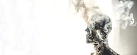 Silhouette of a man with diseased smoky lungs. The lungs of a sick person from which tobacco smoke comes. World No Tobacco Dayの写真素材