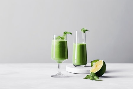 Green vegetable fruit smoothie in various glasses light background, Vegetarianism healthy lifestyleの素材