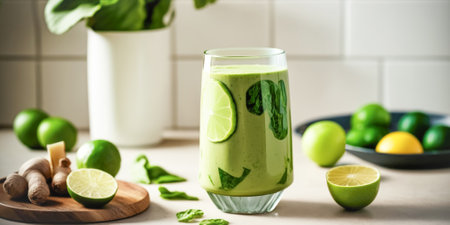 A glass of green smoothie made from lime, spinach, lemon on the kitchen table. Healthy food, vegetarianism, green diet.の素材
