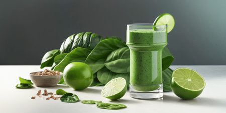 Green vegetable fruit smoothie in various glasses light background, Vegetarianism healthy lifestyleの素材