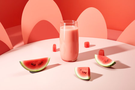 Glass of refreshing smoothie drink from ripe juicy watermelon on the table, minimalist style. Light breakfast, summer cocktailの素材