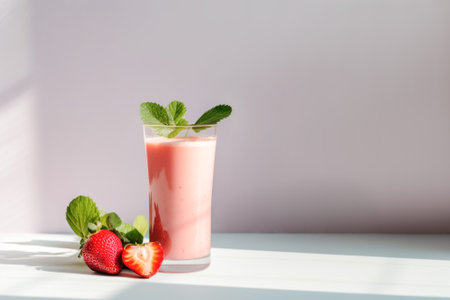 A glass of fresh strawberry smoothie milk drink on the table, minimalism. Light breakfast, milk dessertの素材