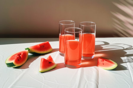 A glass of refreshing cocktail drink made from ripe juicy watermelon on table, minimalist style. Light breakfast, summer cocktailの素材