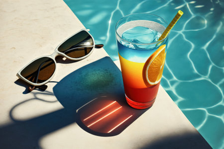 Tropical exotic cocktail in a beautiful glass with ice t sunglasses, outdoor pool background. Summer drinks, beach holidayの素材