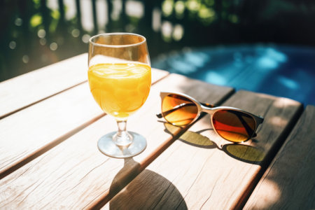 Tropical exotic cocktail in a beautiful glass with ice t sunglasses, outdoor pool background. Summer drinks, beach holidayの素材