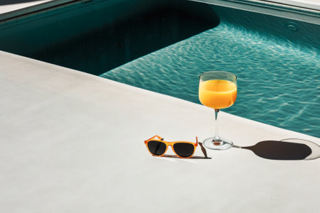 Tropical exotic cocktail in a beautiful glass with ice t sunglasses, outdoor pool background. Summer drinks, beach holidayの素材