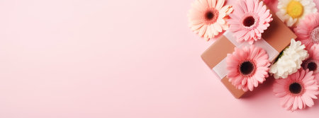Cute bouquet of different flowers and festive box, pink background. Festive composition for Nurses Day, weddingの素材