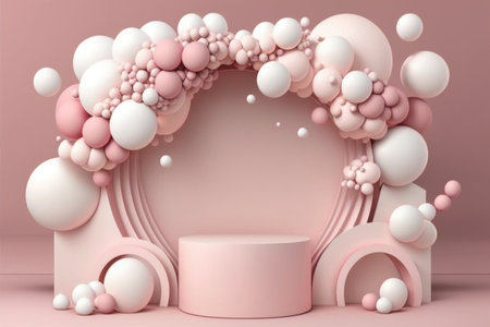 Empty round stage podium decorated with white and pink balloons, pink background. Minimalism, product advertising showcaseの素材
