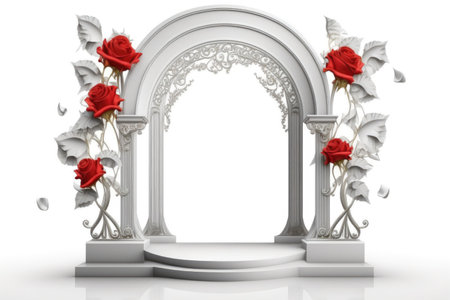 Creative podium, empty white stage with arch decorated with red flowers, white background. Minimalism, product showcaseの素材