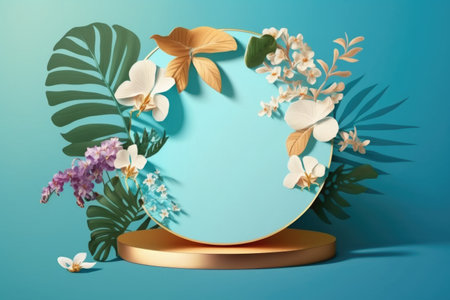 Creative golden podium, empty blue stage decorated with white orchid flowers, blue bright background. Minimalism, product showcaseの素材