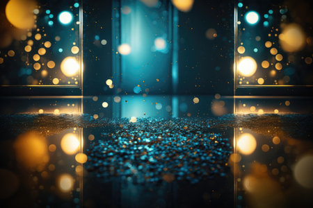 Creative blue dance floor stage, empty podium blue golden background with lights and bokeh. Minimalism, product showcaseの素材