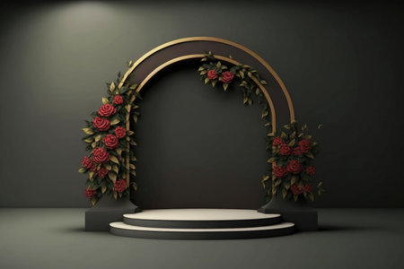 Creative podium, empty black stage with arch decorated black red flowers, white background. Minimalism, product showcaseの素材