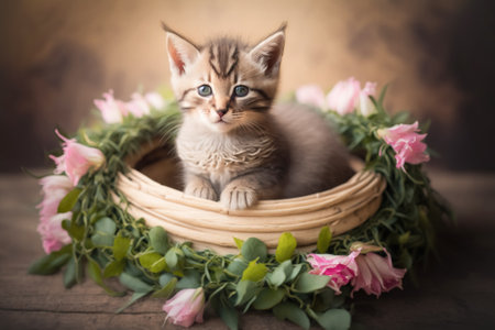 A small cute kitten with a wreath of flowers sits in a basketの素材