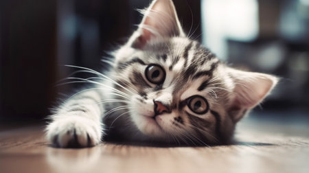 A small cute fluffy tabby kitten lies on the floor in the room. A pet in a city apartment. Love for animals, care and careの素材