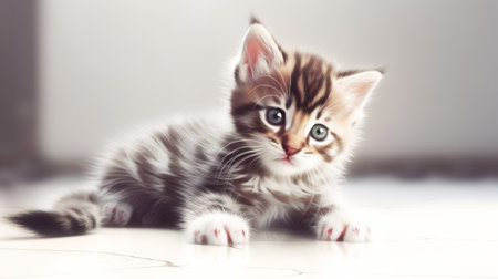 A small cute fluffy tabby kitten lies on the floor in the room. A pet in a city apartment. Love for animals, care and careの素材