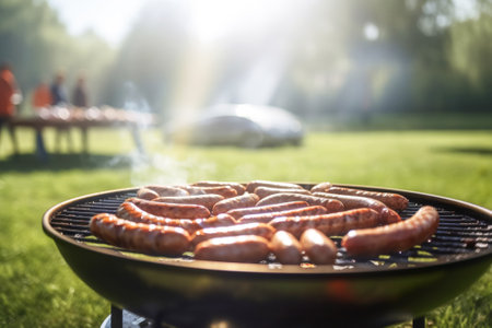 Grilled sausages are cooked on a barbecue grill, outdoors. Concept for May holidays BBQ, backyard party, summer vacationの素材