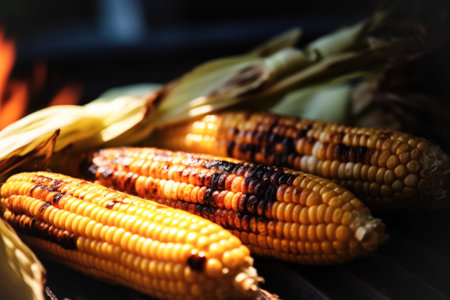 Ripe corn is cooked on the grill, outdoors. May holidays concept of vegetarian barbecue, backyard party, summer holidaysの素材