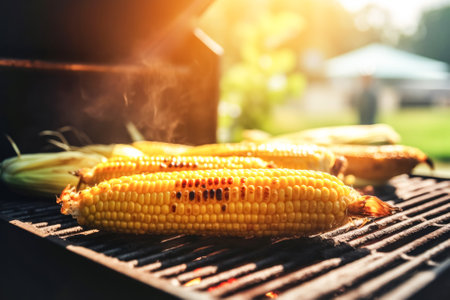 Ripe corn is cooked on the grill, outdoors. May holidays concept of vegetarian barbecue, backyard party, summer holidaysの素材