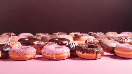 Sweet Donuts in chocolate and pink glaze on a pink background. copy space, banner. Sweet desserts, holiday National Donut Dayの素材