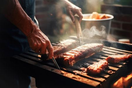 A man grills juicy pork ribs, fried meat with a golden crust, selective focus. May holidays concept barbecue, partyの素材