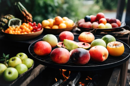 Various fruits are baked on barbecue grill. May holidays concept of vegetarian fruit barbecue, party, summer holidaysの素材