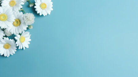 Cute bouquet of gerbera chamomile, blue background. Festive composition for Doctors Nurses Day, Moms Day, Familys Dayの素材