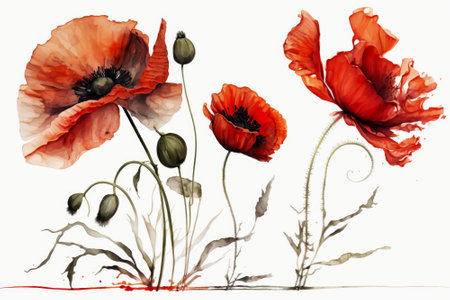 Red poppy flowers on white background. Close-up, watercolor style. Illustration generated by Aiの素材
