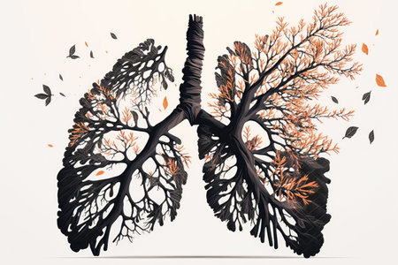 Lungs of a sick person from black leaves, sick destroyed. Sick respiratory system, anatomical silhouette. world no tobacco dayの写真素材