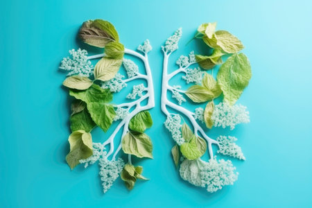 Human lungs from green leaves, blue background copy space. Healthy respiratory system, anatomical silhouetteの写真素材