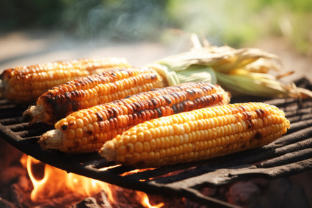 Ripe corn is cooked on the grill, outdoors. May holidays concept of vegetarian barbecue, backyard party, summer holidaysの素材