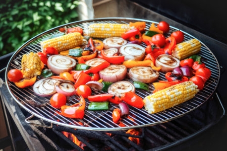 Various vegetables are baked onbarbecue grill on grill, outdoors, selective focus. May holidays, of vegetarian vegetable barbecueの素材