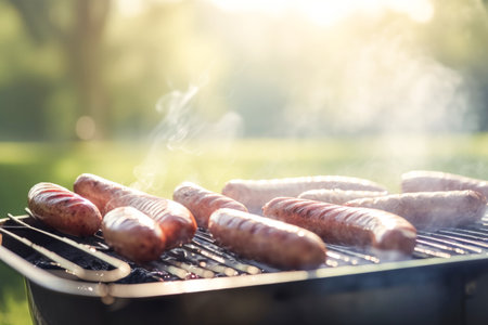 Grilled sausages are cooked on a barbecue grill, outdoors. Concept for May holidays BBQ, backyard party, summer vacationの素材