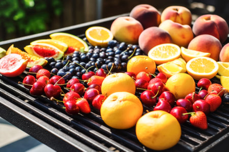 Various fruits are baked on barbecue grill. May holidays concept of vegetarian fruit barbecue, party, summer holidaysの素材