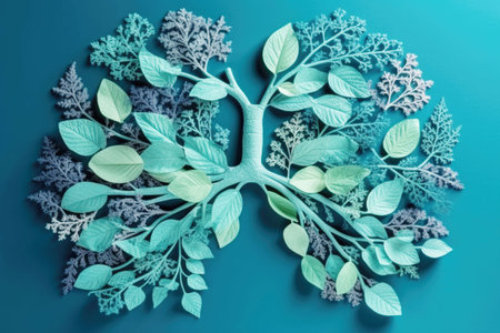 Human lungs from green leaves, blue background copy space. Healthy respiratory system, anatomical silhouetteの写真素材