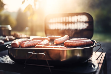 Grilled sausages are cooked on a barbecue grill, outdoors. Concept for May holidays BBQ, backyard party, summer vacationの素材