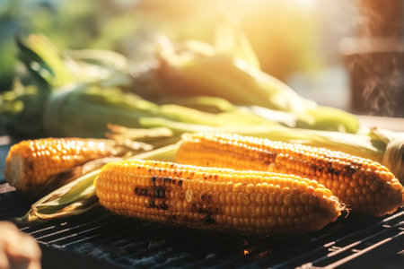Ripe corn is cooked on the grill, outdoors. May holidays concept of vegetarian barbecue, backyard party, summer holidaysの素材