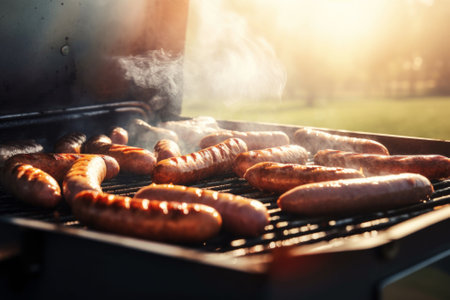 Grilled sausages are cooked on a barbecue grill, outdoors. Concept for May holidays BBQ, backyard party, summer vacationの素材