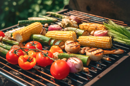 Various vegetables are baked onbarbecue grill on grill, outdoors, selective focus. May holidays, of vegetarian vegetable barbecueの素材