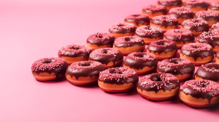 Sweet bright Donuts in various glazes and colored sprinkles lie pink background. Sweet desserts, holiday National Donut Dayの素材