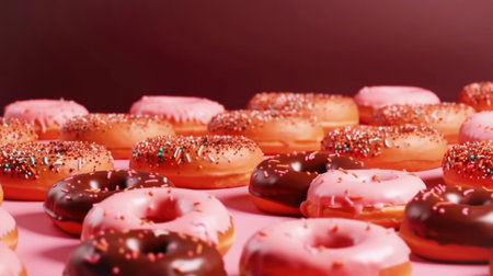 Sweet Donuts in chocolate and pink glaze on a pink background. copy space, banner. Sweet desserts, holiday National Donut Dayの素材