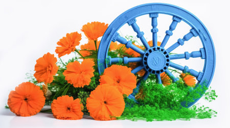 Festive composition of their orange saffrons, Ashoka wheel, white background with copy space. Indian Independence Dayの素材