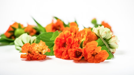 Festive composition for the National Day of India, Independence Day, orange marigold flowers, white backgroundの素材